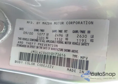 2001 Mazda Mpv Dx/Es/Lx z USA, uszkodzony, nr VIN JM3LW28G010173616